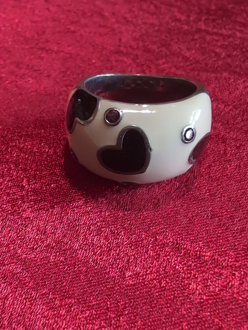 White Enamel Heart Ring with Black Hearts